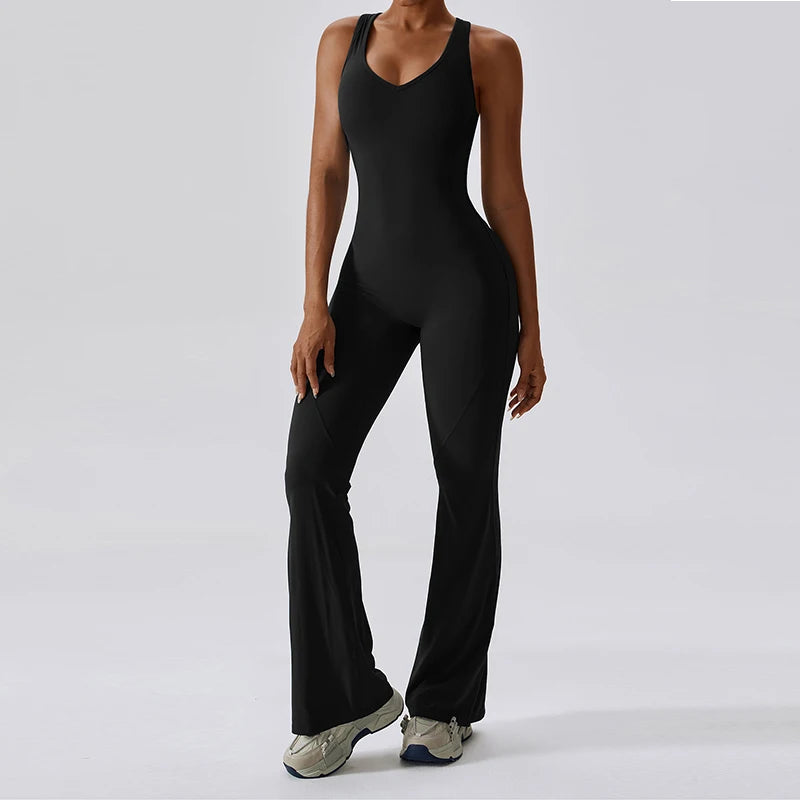 V Neckline Back Cut Out Flare Workout Jumpsuit