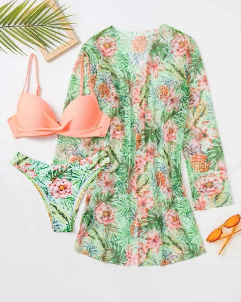 Floral 3 Pieces Low Waist Bikini Set with a Matching Cover-up Kimono