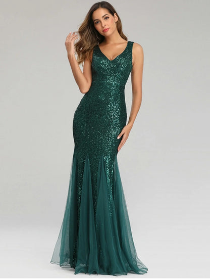 Sleeveless V Neckline Sequin Evening Dress