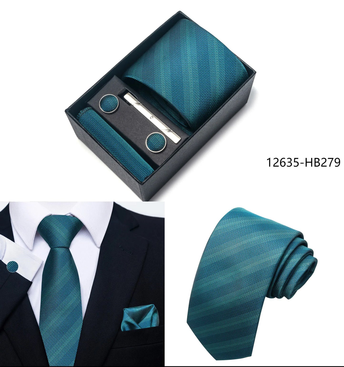 Solid Color 5 Pcs Tie Set Handkerchief, Cufflinks, Tie and Clip