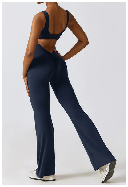 U Neckline V Back Cut Out Flare Workout Jumpsuit