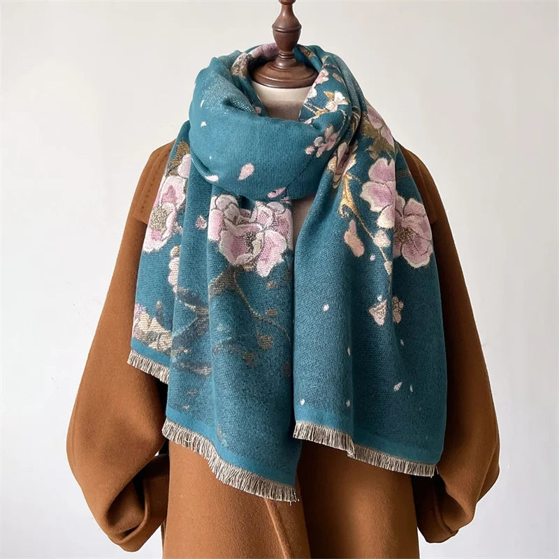 Luxury Floral Cashmere Double-Sided Pashmina Scarf