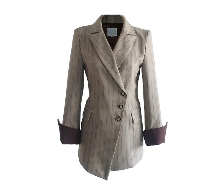 Women’s Khaki Striped Slim-Fit Suit – Tailored Blazer with Foldable Cuffs