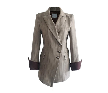 Women’s Khaki Striped Slim-Fit Suit – Tailored Blazer with Foldable Cuffs