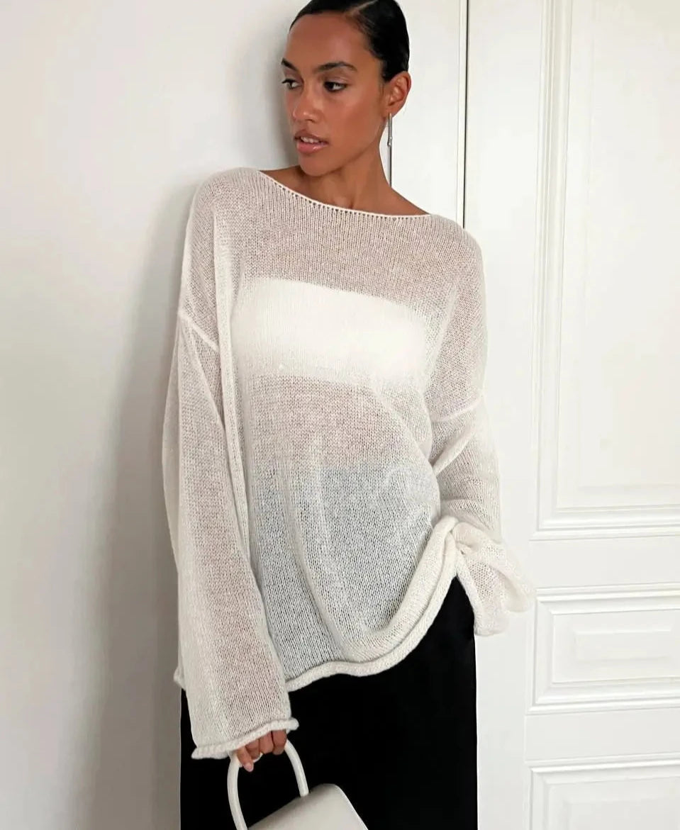 Long Sleeve Boat Neckline Loose Fit Pullover Sheer Sweater