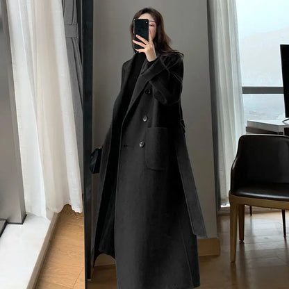 Women's Long Winter Coat with Belt and Pockets