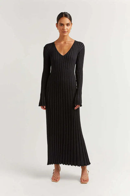 V Neckline Long Sleeve Knitted Maxi Dress