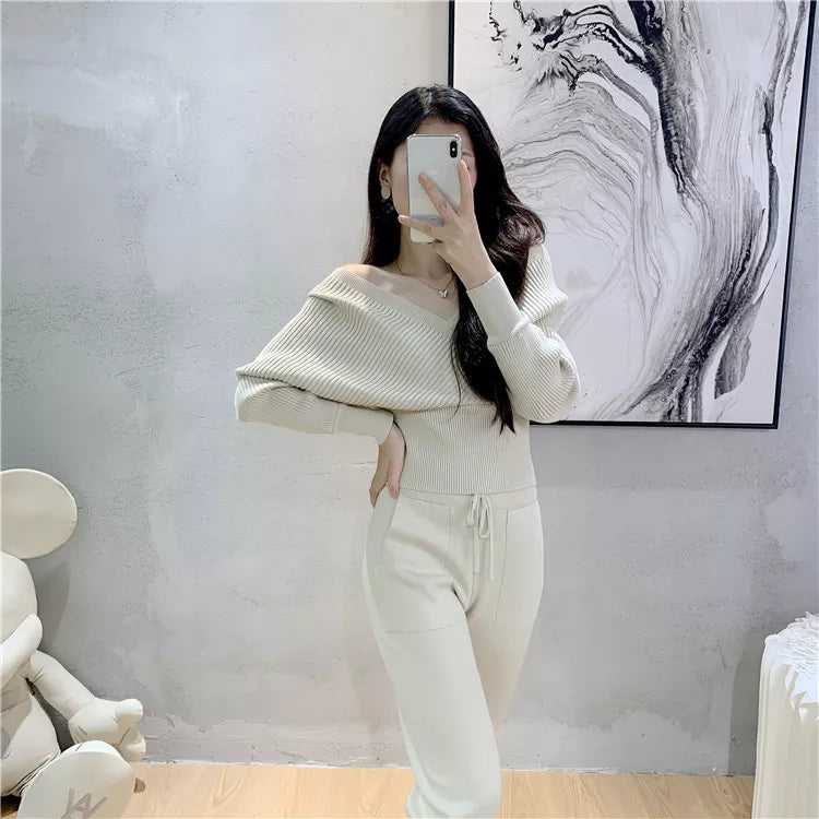 Two Piece Knitted V Neckline Cropped Top and Trousers Set