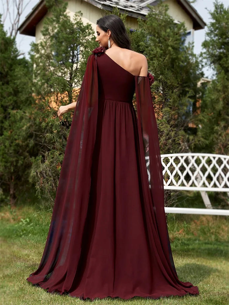 One Shoulder Very Long Sleeve Chiffon Evening Dress – Plus Size Dress with Flower Details