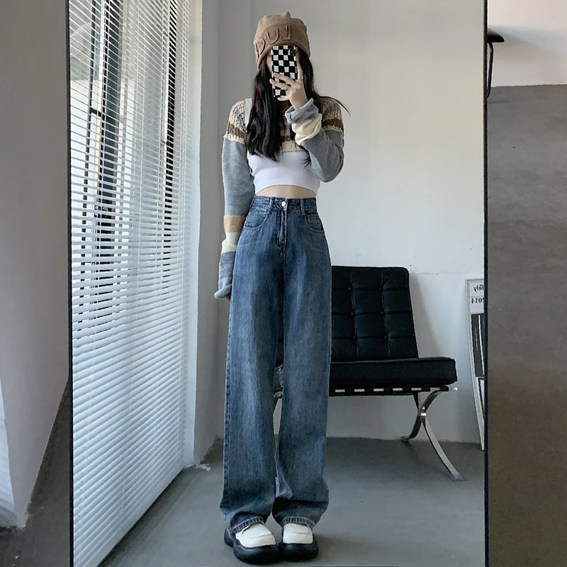 High Waist Straight Leg Denim Trousers