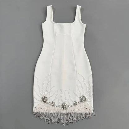 Beaded Tassel Square-Neck Mini Bandage Dress