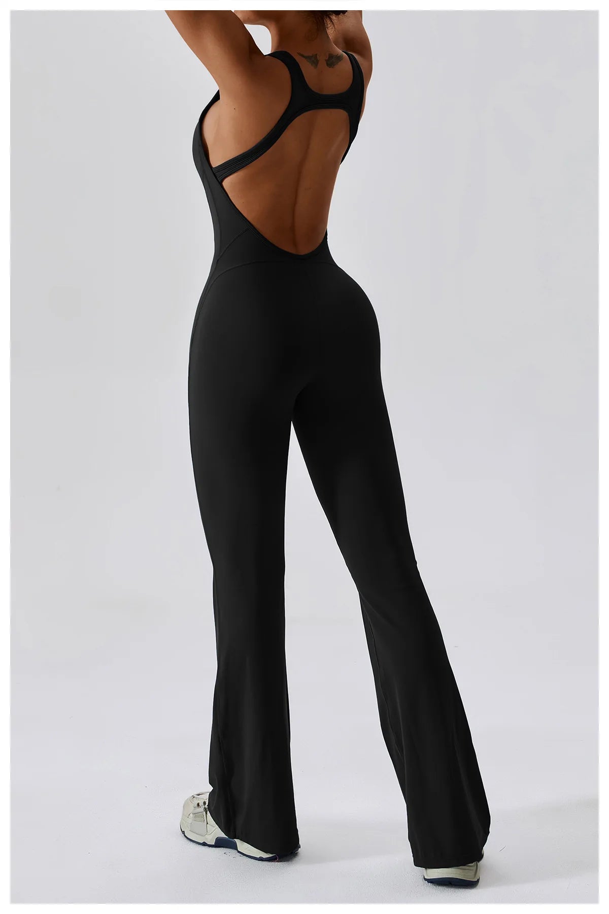 V Neckline Back Cut Out Flare Workout Jumpsuit