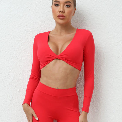 Long Sleeve Deep V Front Twist Gym Crop Top