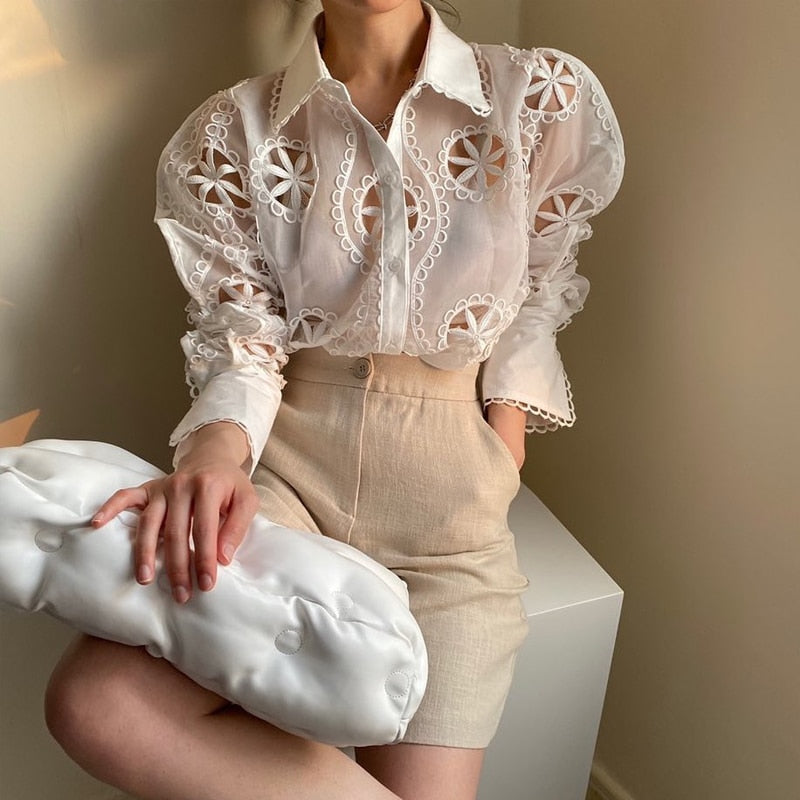 Women's Long Sleeve Sheer Embroidery White Blouse Button Up Cut Out Shirt