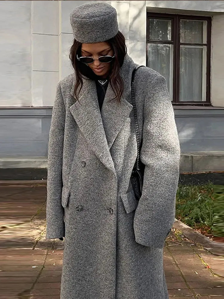 Very Long Oversize Gray Double Breasted Coat