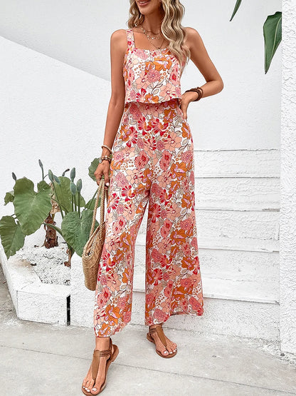 Floral Square Neckline Casual Wide Leg Jumpsuit