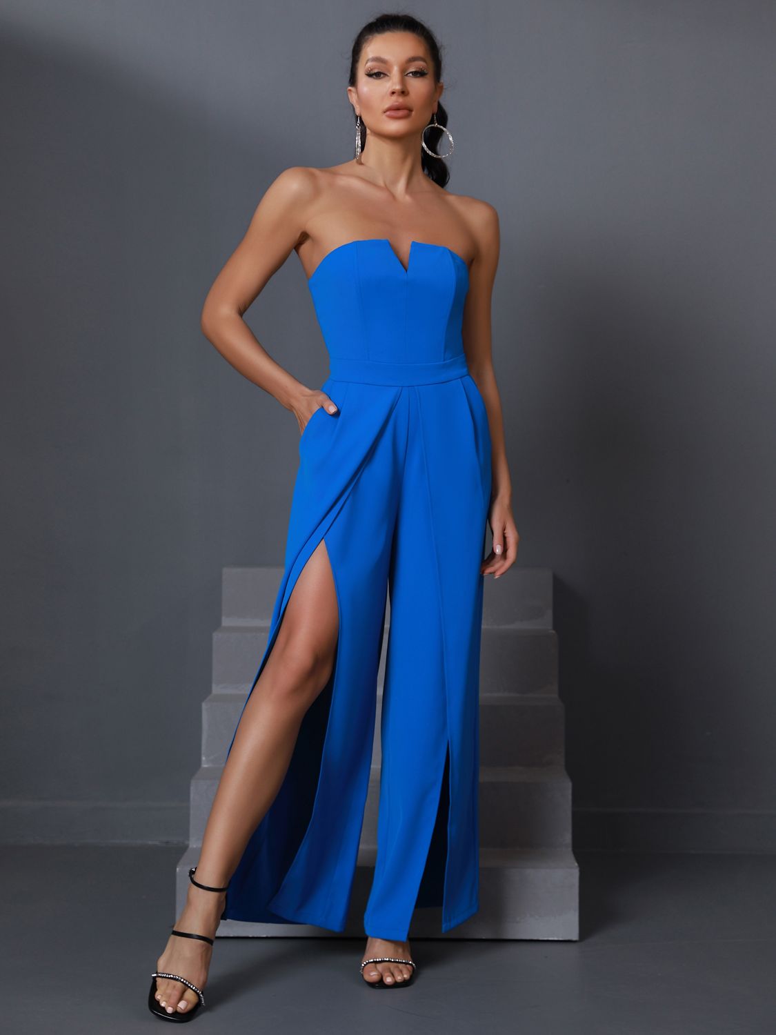 Strapless Split Wide Leg Royal Blue  Jumpsuit