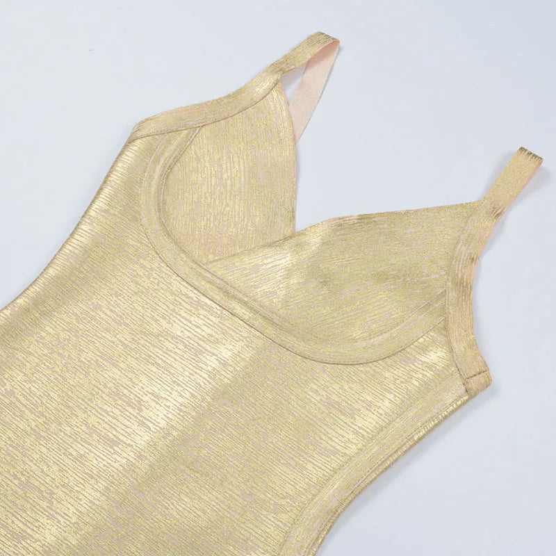 Spaghetti Straps V Neck Gold Metallic Dress