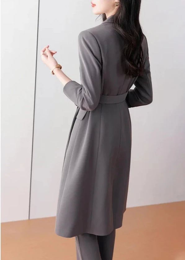 Women 2 Pcs Formal Suit Long Blazer and Straight Pants Suit