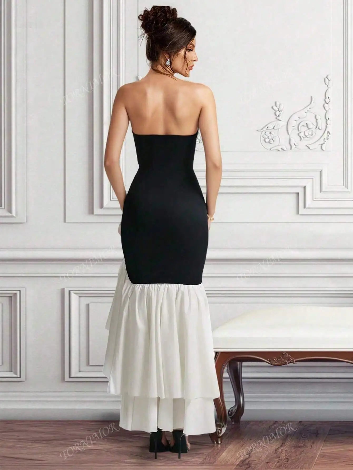 Strapless Black and White Mermaid Black Tie Dress
