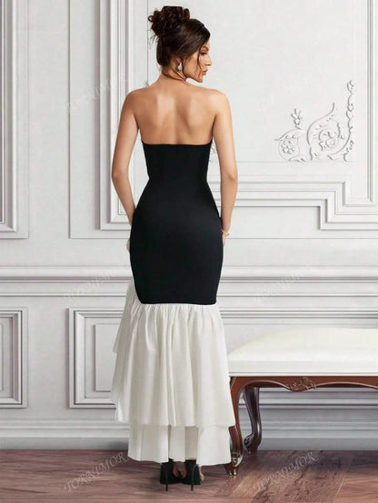 Strapless Black and White Mermaid Black Tie Dress