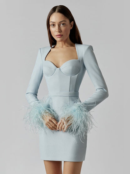 Long Sleeve Feather Bodycon Mini Dress