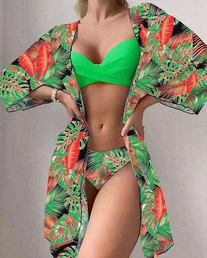 Floral 3 Pieces Low Waist Bikini Set with a Matching Cover-up Kimono