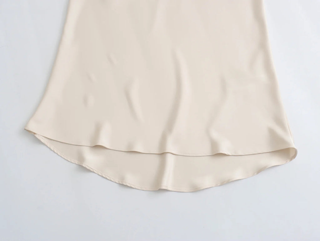 Flowing Satin Midi High Waist Flared Hem Skirt
