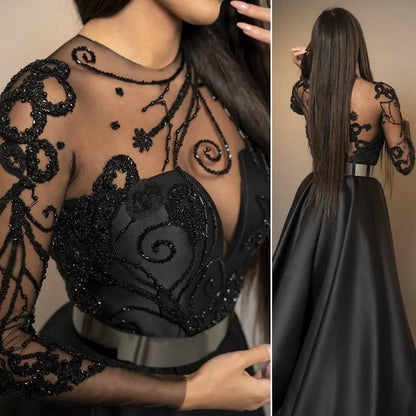 Black Tie Satin Long Sleeves Lace Details Black Evening Dress