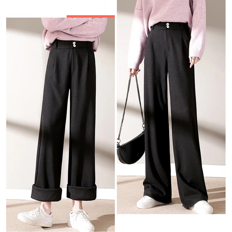 Autumn Winter Woolen ٍSuit Pants Wide Leg Trousers