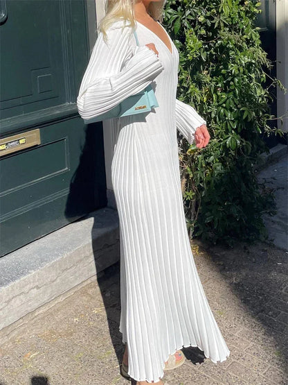 V Neckline Long Sleeve Knitted Maxi Dress