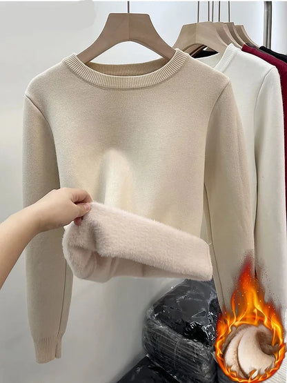 Round Neckline Fleece Lined Thermal Basic Winter Top