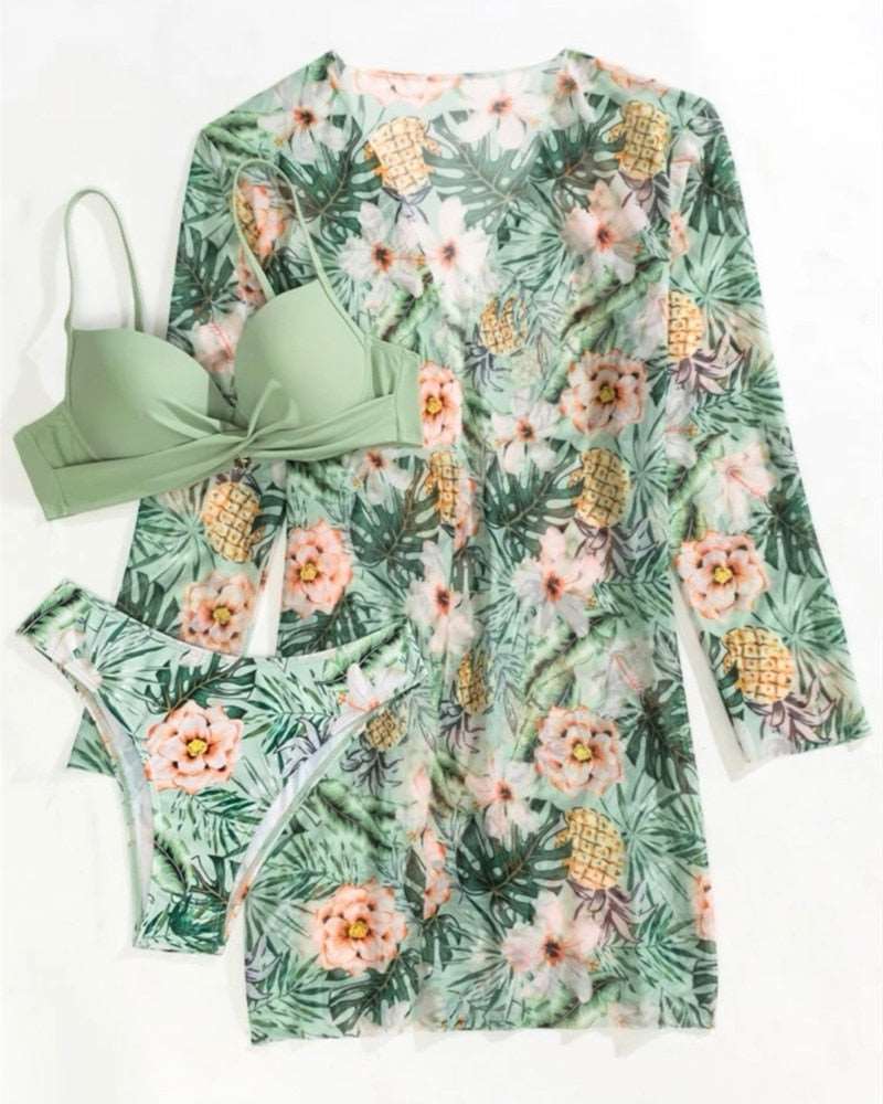 13 Color Floral 3 Pieces Low Waist Bikini Set with a Matching Cover-up Kimono