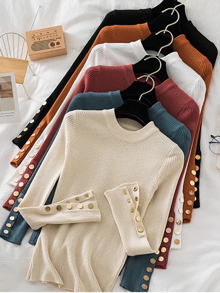 Round Neckline Button Sleeve Sweater