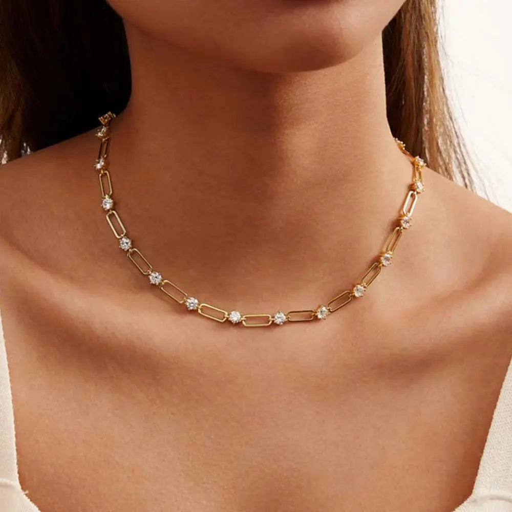 Moissanite Chain Choker Necklace 18K Gold Plated - Christmas Gift for Women