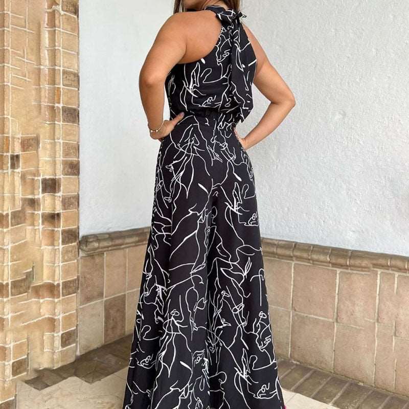 Halter Neckline High Waist Very Wide Leg Printed Jumpsuit