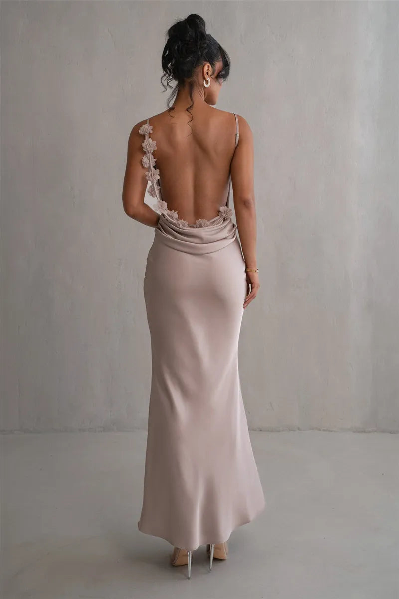 Spaghetti Straps Backless Flowers Back Details Satin Dress - Bridesmaid Dress