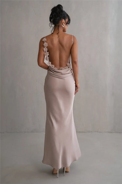 Spaghetti Straps Backless Flowers Back Details Satin Dress - Bridesmaid Dress