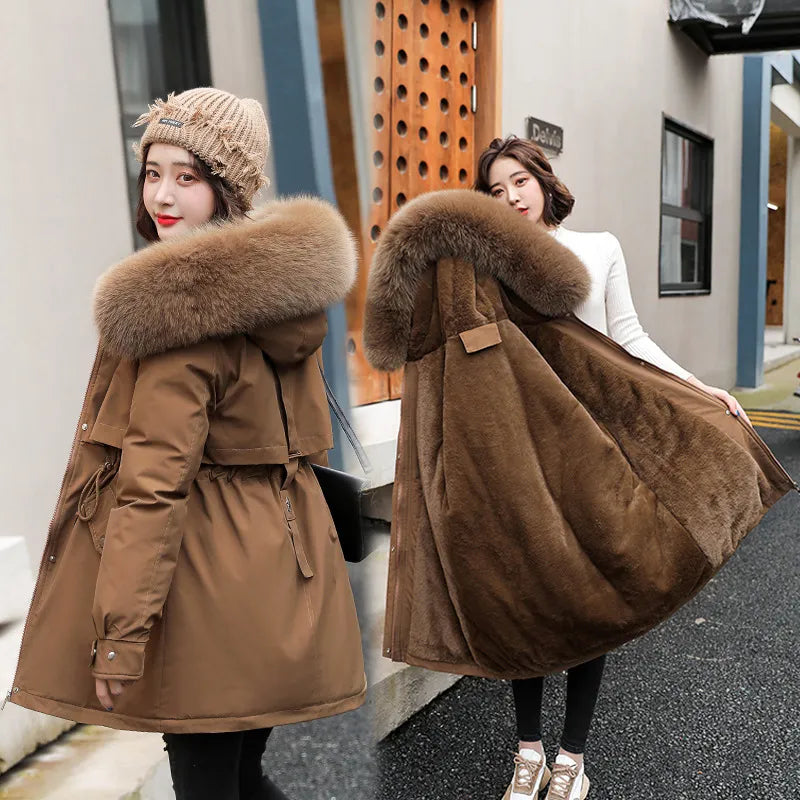 Long Hooded Fur Collar Double Breast Coat