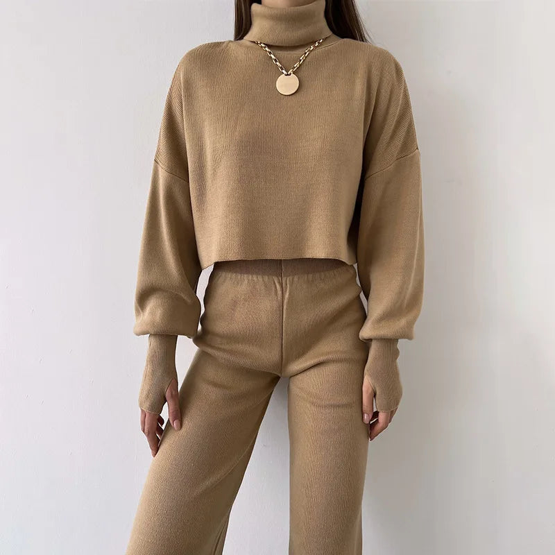 High Neckline Crop Top with Trousers Set