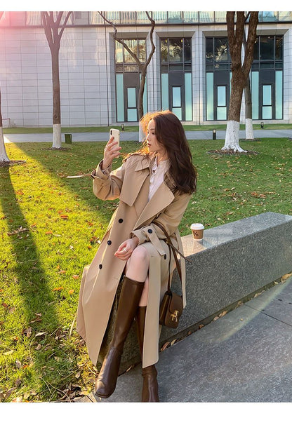 Korean Style Double Breasted Trench Coat With Belt