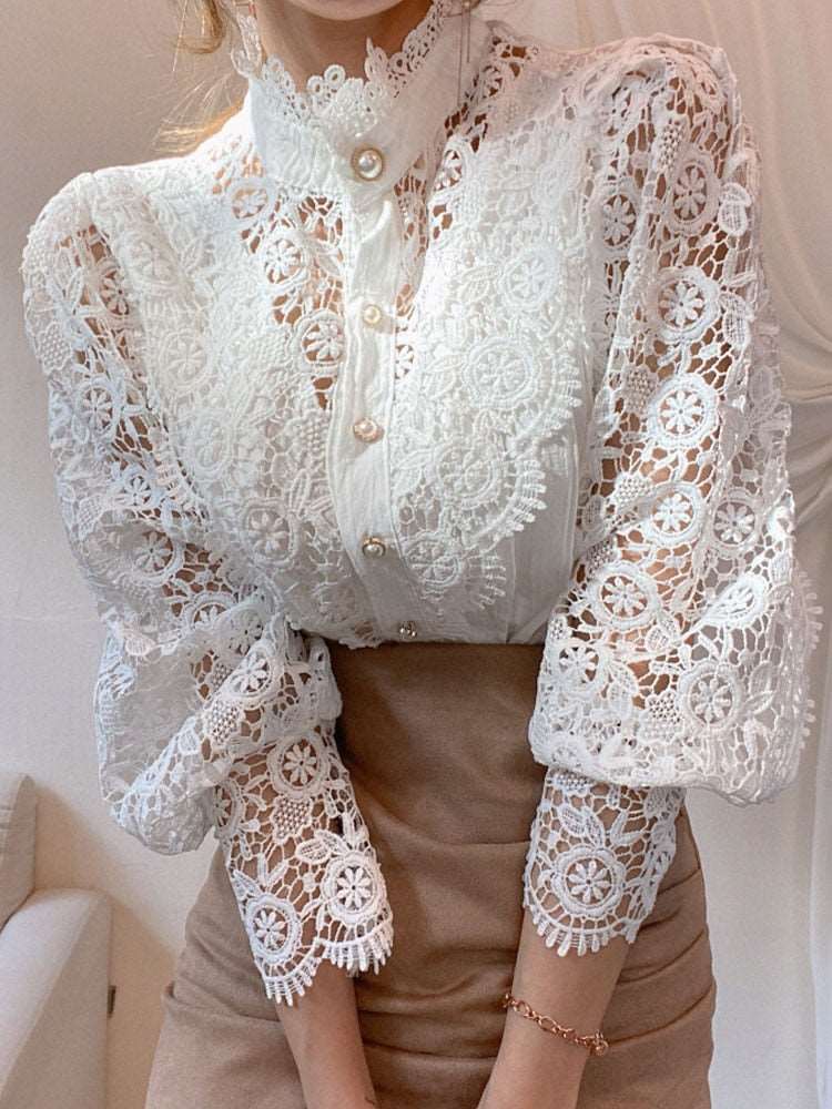 Feminine Petal Flower Cut out Sleeves Lace Blouse Button Shirt