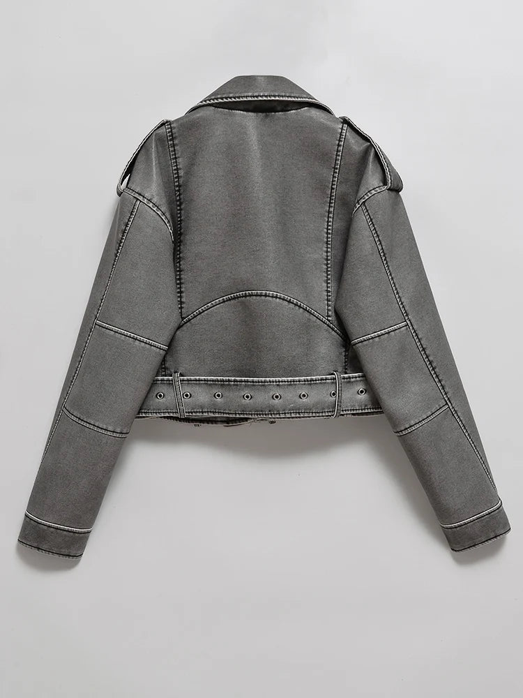 Grey Loose Cropped Leather Jacket