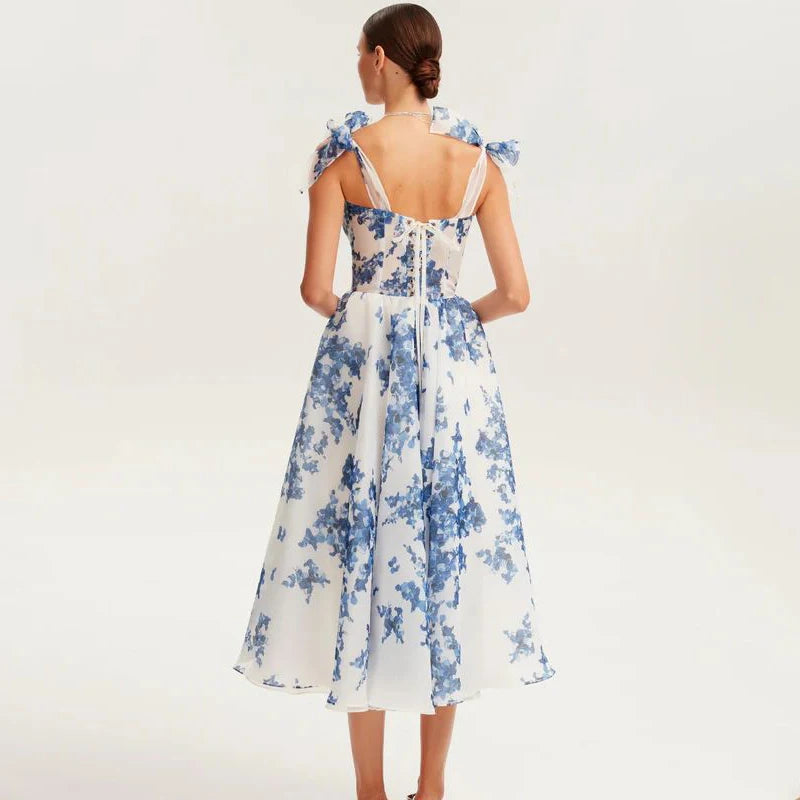 Corset Floral A-Line Dress with Wide Bow Straps