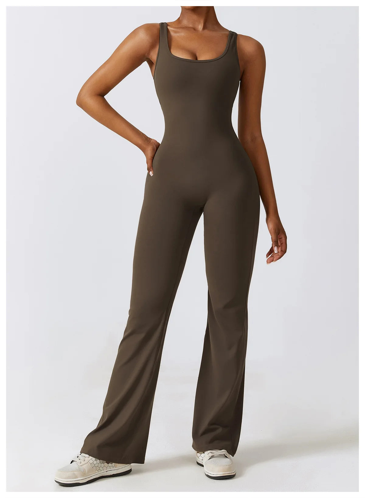 U Neckline V Back Cut Out Flare Workout Jumpsuit