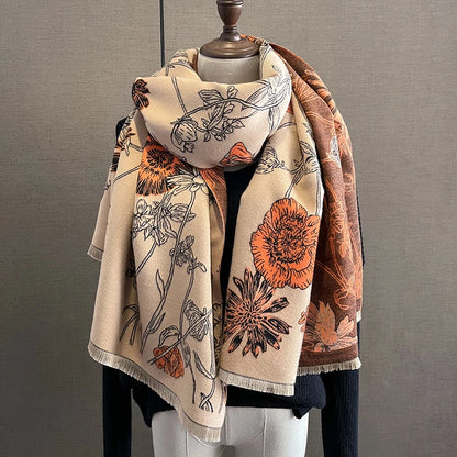 Poppy Flower Print Cashmere Scarf 180* 65 CM Double-Sided Scarf