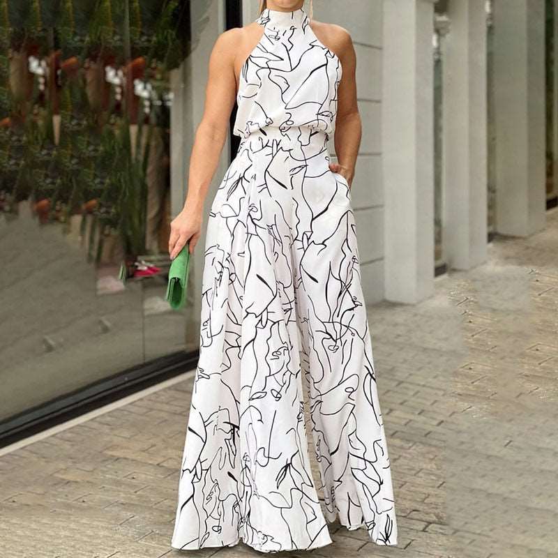 Halter Neckline High Waist Very Wide Leg Printed Jumpsuit