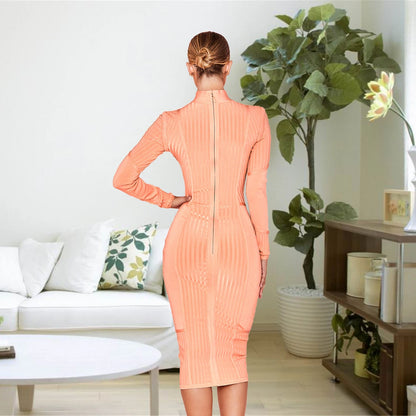 Light Coral Long Sleeve Midi Bandage Pencil Dress