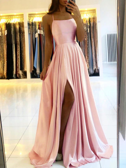 Spaghetti Straps Backless Long Satin Dresses - Bridesmaids Dress