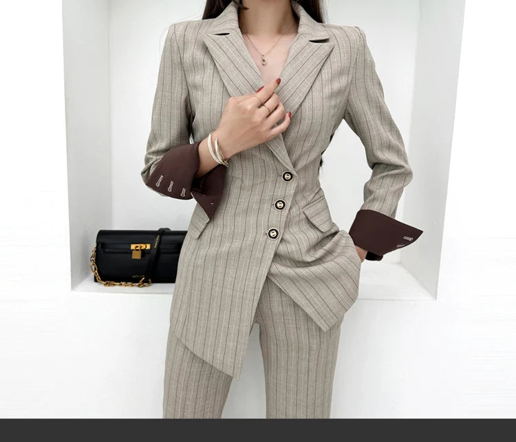 Women’s Khaki Striped Slim-Fit Suit – Tailored Blazer with Foldable Cuffs